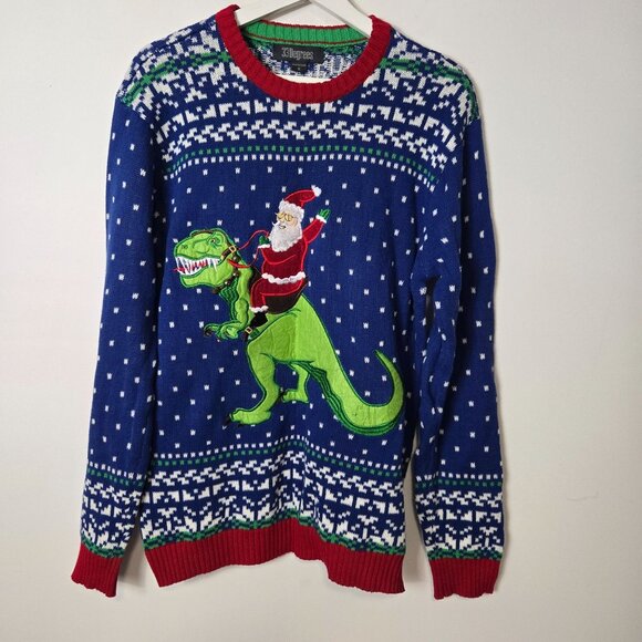 Blizzard Bay Men's Size S Ugly Christmas Sweater Santa Riding T-Rex - Picture 1 of 8